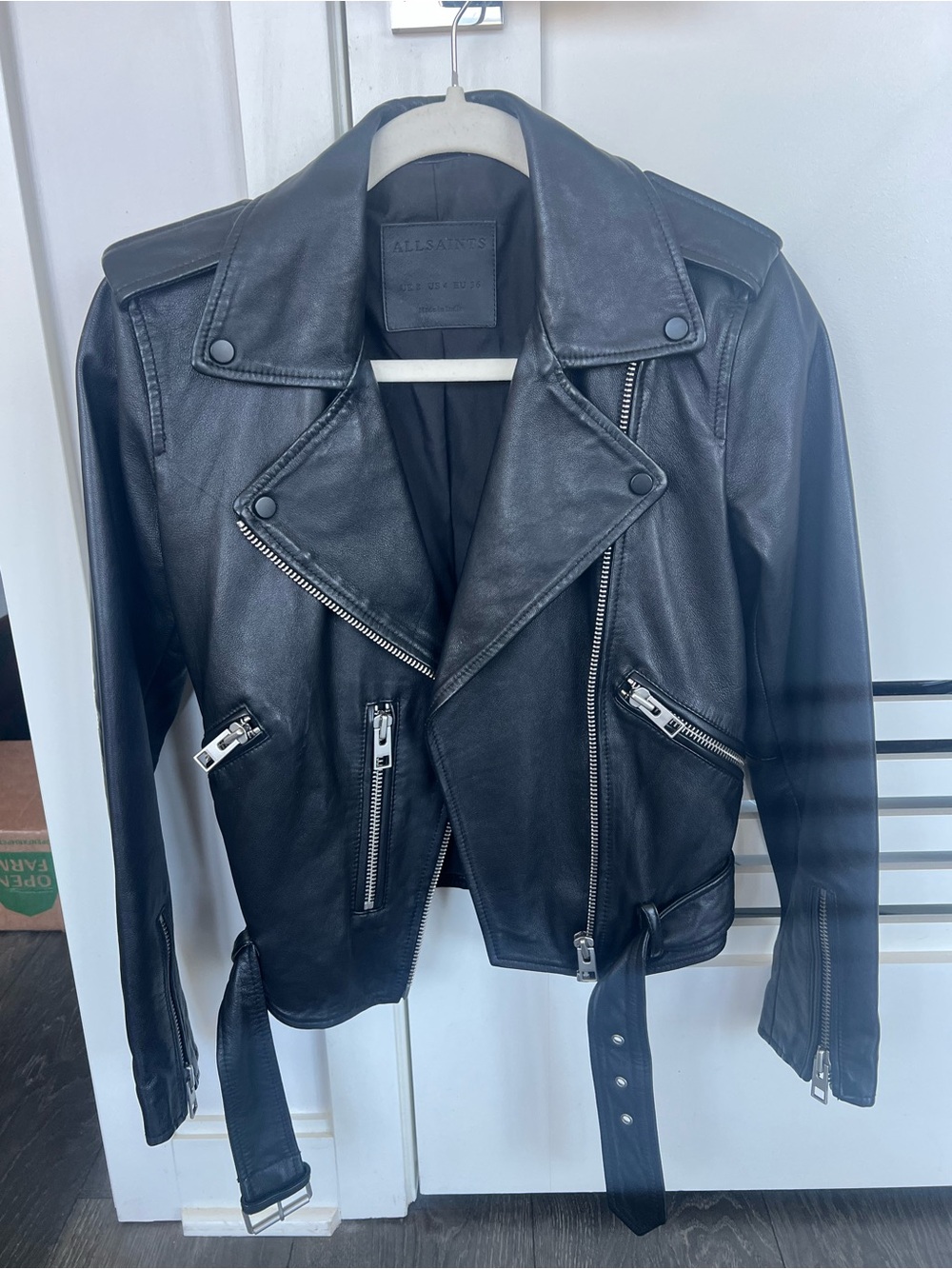 All Saints Black Leather Biker Jacket with Belt